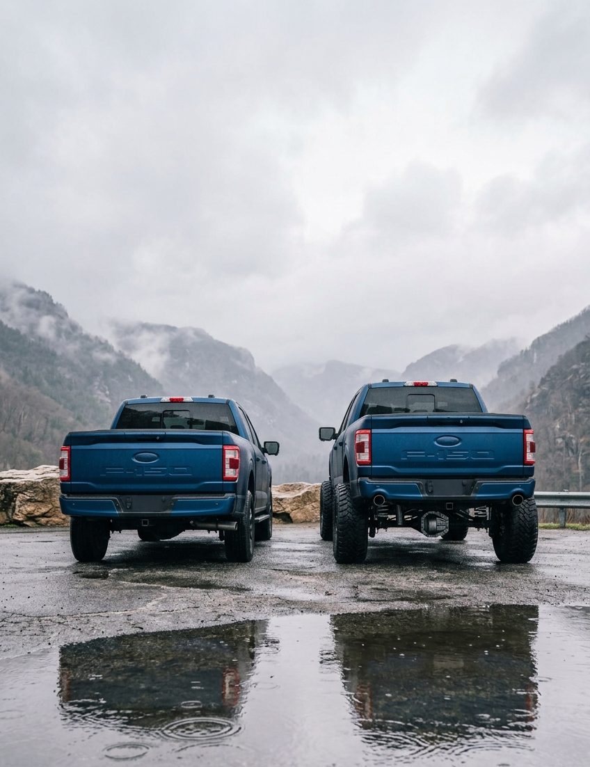 Lifted Ford F150 showing leveling kit stance improvement